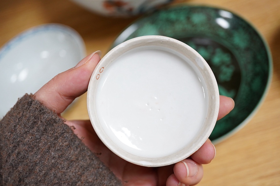 Chinese porcelain to include a famille noire dish and Imari bowl together with an 18th century English blue and white slop bowl, largest 27cm in diameter. Condition - varies